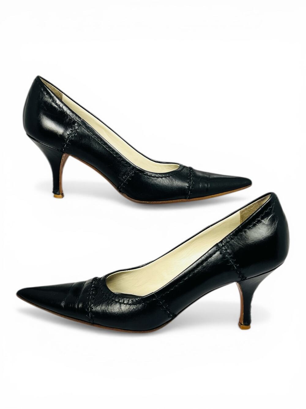 Vintage Prada Black Leather Pointed Toe Kitten Heel Pumps Cross-Stitch 35.5